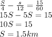 \frac{S}{4}-\frac{s}{12}=\frac{15}{60}\\ 15S-5S=15\\ 10S=15\\ S=1.5km