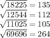 \sqrt{18225} = 135&#10;&#10;&#10;&#10; \sqrt{12544} = 112&#10;&#10;&#10;&#10; \sqrt{11025}= 105&#10;&#10;&#10;&#10;&#10; \sqrt{69696} = 264