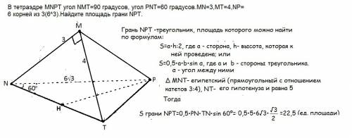 Решить одну по . в тетраэдре mnpt угол nmt=90 градусов,угол pnt=60 градусов.mn=3,mt=4,np=6 корней из