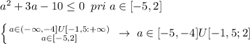 \\a^2+3a-10 \leq 0\; \; pri\; a\in [-5,2]\\\\ \left \{ {{a\in (-\infty,-4]U[-1,5:+\infty)} \atop {a\in [-5,2]}} \right.\; \to \; a\in [-5,-4]U[-1,5 ;2]