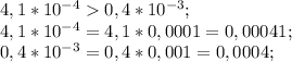 4,1*10 ^{-4} 0,4*10 ^{-3} ;\\&#10;4,1*10 ^{-4} =4,1*0,0001=0,00041 ;\\&#10;0,4*10 ^{-3}=0,4*0,001=0,0004 ;\\&#10;&#10;