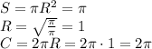 S=\pi R^2= \pi \\\ R= \sqrt{ \frac{ \pi }{ \pi }} =1 \\\ C=2\pi R=2\pi\cdot1=2\pi