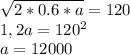 \sqrt{2*0.6*a}=120\\ 1,2a=120^2\\ a=12000