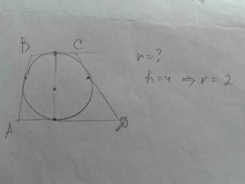 Найдите радиус окружности вписанной в трапецию высота которой равна 4