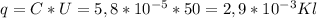 q=C*U=5,8*10^{-5}*50=2,9*10^{-3}Kl