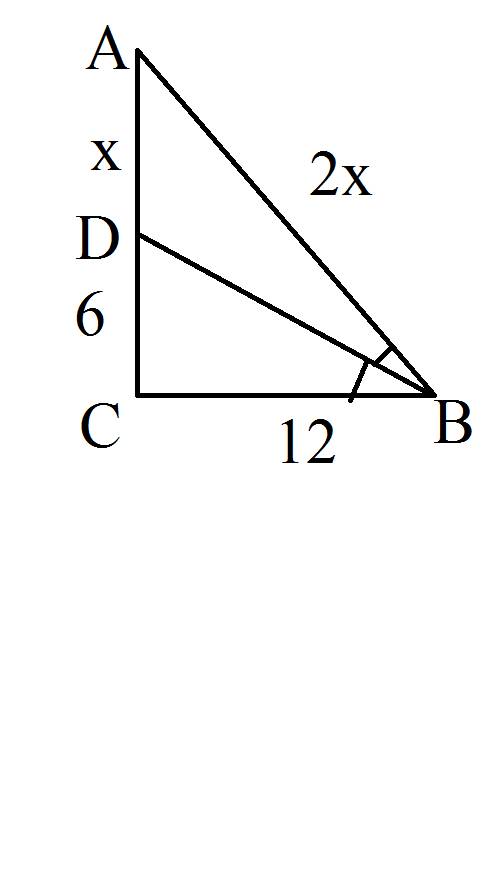 Впрямоугольном треугольнике авс с прямым углом с проведена биссектриса вd угла в,сd=6,св=12.найдите
