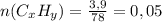 n(C_xH_y)= \frac{3,9}{78}=0,05