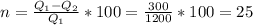 n= \frac{Q_{1}-Q_{2}}{Q_{1}} *100= \frac{300}{1200} *100=25