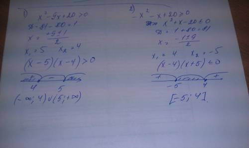 Решить неравенства: х(в квадрате) -9х+20> 0 и -х(в квадрате)-х+20> =0