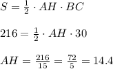 S = \frac{1}{2}\cdot AH\cdot BC\\\\216 = \frac{1}{2}\cdot AH\cdot 30\\\\AH = \frac{216}{15} = \frac{72}{5} = 14.4