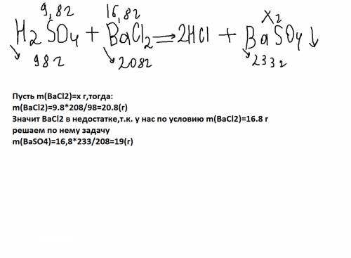 Кто сможет. определить массу baso4 которая образуется при взаимодействии h2so4 массой 9,8г с bacl2 м