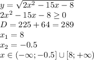 y= \sqrt{ 2x^{2}-15x-8 } &#10;\\\&#10;2x^{2}-15x-8 \geq 0&#10;\\\&#10;D=225+64=289&#10;\\\&#10;x_1=8&#10;\\\&#10;x_2=-0.5&#10;\\\&#10;x\in(-\infty;-0.5]\cup[8;+\infty)