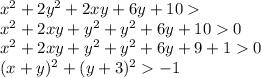 x^2+2y^2+2xy+6y+10\\&#10;x^2+2xy+y^2+y^2+6y+100\\&#10;x^2+2xy+y^2+y^2+6y+9+10\\&#10;(x+y)^2+(y+3)^2-1