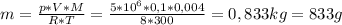 m= \frac{p*V*M}{R*T} = \frac{5*10^{6}*0,1*0,004}{8*300} =0,833kg=833g