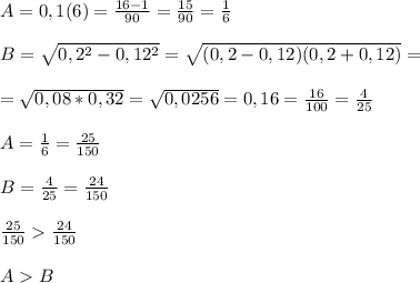 A=0,1(6)= \frac{16-1}{90}= \frac{15}{90}= \frac{1}{6}\\\\B= \sqrt{0,2^2-0,12^2}= \sqrt{(0,2-0,12)(0,2+0,12)}=\\\\= \sqrt{0,08*0,32}= \sqrt{0,0256}=0,16= \frac{16}{100}= \frac{4}{25} \\\\ A= \frac{1}{6}= \frac{25}{150}\\\\B= \frac{4}{25}= \frac{24}{150} \\\\ \frac{25}{150}\frac{24}{150} \\\\AB
