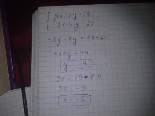 Решите систему методом сложения 9x-7y=19 -9x-4y=25 решите