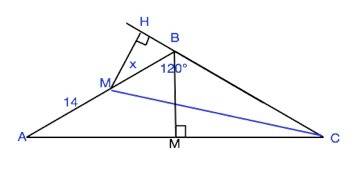 Вравнобедренном треугольнике abc: ab=bc, угол при вершине b равен 120 градусов cm биссектриса, am=14