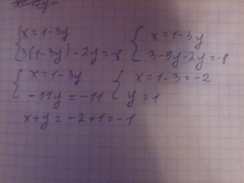 Укажите в ответе значение x+y, где (x; y) - решение системы: {3x - 2y = -8 {x + 3y = 1 знаю только т