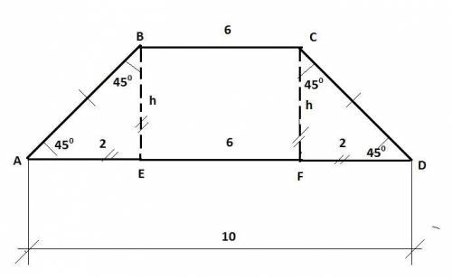 Основания равнобедренной трапеции равны 6 см и 10 см,а острый угол равен 45.найдите высоту трапеции