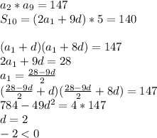 a_{2}*a_{9}=147\\&#10;S_{10}=(2a_{1}+9d)*5=140\\&#10;\\&#10;(a_{1}+d)(a_{1}+8d)=147\\&#10;2a_{1}+9d=28\&#10;\\&#10;a_{1}=\frac{28-9d}{2}\\&#10;(\frac{28-9d}{2}+d)(\frac{28-9d}{2}+8d)=147\\&#10;784-49d^2=4*147\\&#10;d=2\\&#10;-2<0