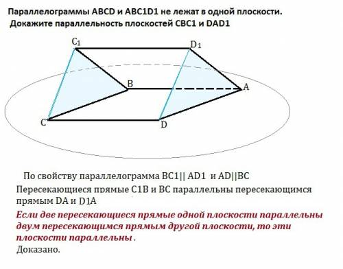 Параллелограммы abcd и abc1d1 не лежат в одной плоскости. докажите параллельность плоскостей cbc1 и