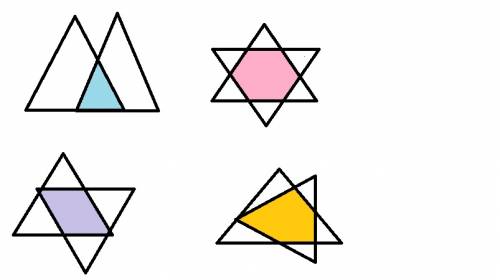 Начертите 2 треугольника так,чтобы их общей частью был: 1) треугольник: 2) четырехугольник: 3) пятиу