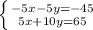 \left \{ {{-5x-5y=-45} \atop {5x+10y=65}} \right.