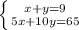 \left \{ {{x+y=9} \atop {5x+10y=65}} \right.