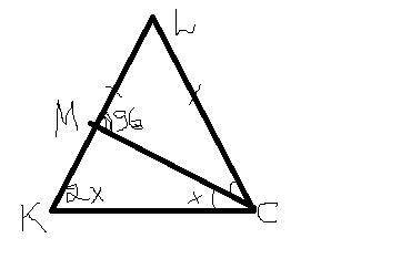Вравнобедренном треугольнике klc проведеная биссектриса cm угла c при основании kc.∠ cml = 96 °опред