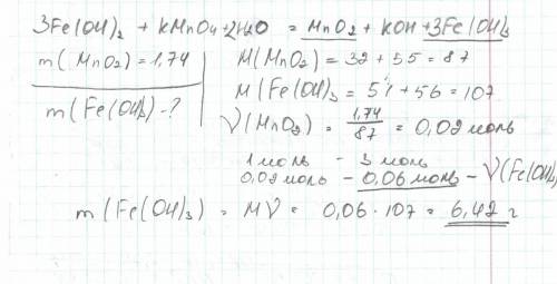 При взаимодействии fe(oh)2 c водным раствором kmno4 образовалось 1,74 mno2 рассчитать массу образова