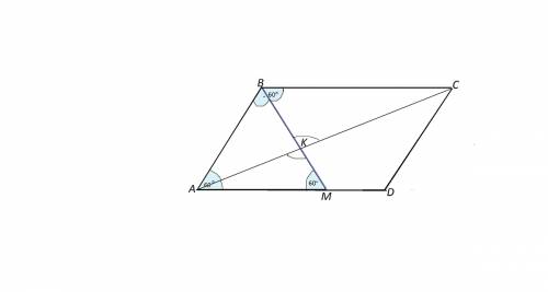 Впараллелограмме abcd биссектриса угла в пересекает сторону аd в точке м ,а диагональ ас в точке к .