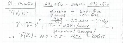 Подскажите ,как решать такие . 2h2 + о2 = 2н2о + 572кдж.вычислите объём сгоревшего водорода,если изв