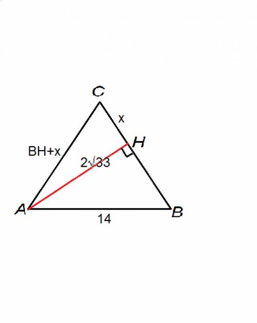 Втреугольнике авс ас=вс,ав=14,высота ан=2 корень из 33.найдите сторону вс. решение нужно