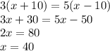 3(x+10)=5(x-10)\\&#10;3x+30=5x-50\\&#10;2x=80\\&#10;x=40