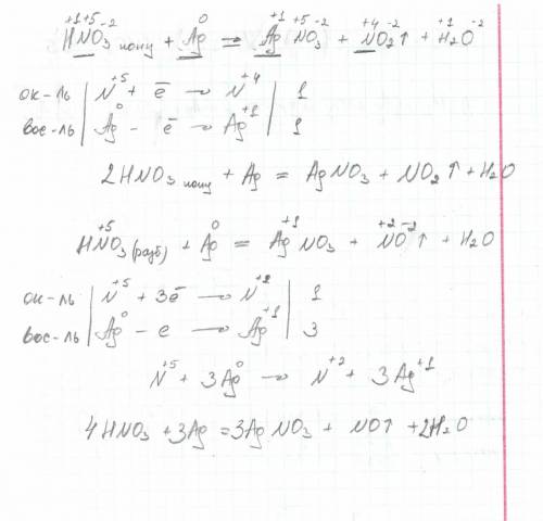 Составьте уравнения реакций серебра с концентрированной и разбавленной азотной кислотой, зная, что в
