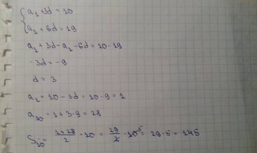 Найдите сумму первых десяти членов арифметической прогрессии , если а4=10, а7=19