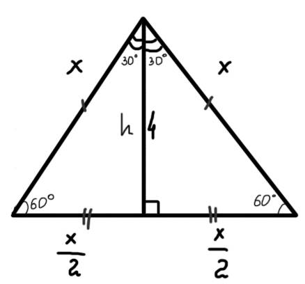 Найдите: сторону равностороннего треугольник,если высота равна 4 см!