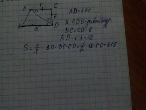 Впрямоугольной трапеции abcd(угол c-прямой) основание ad в два раза больше основания bc.диагональ bd