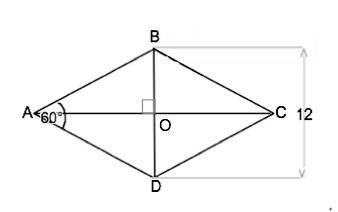 Меньшая диагональ ромба равна 12см, а один из углов 60 градусов. найдите вторую диагональ и сторону