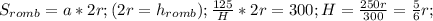 S_{romb}=a*2r;(2r=h_{romb}); \frac{125}{H}*2 r=300;H= \frac{250r}{300}= \frac{5}{6}r;