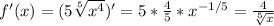 f'(x)=(5 \sqrt[5]{x^4})' = 5* \frac{4}{5}*x^{-1/5} = \frac{4}{ \sqrt[5]{x}}