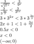\frac{3}{\sqrt{27^x}}<\frac{3}{9^x}\\&#10; \frac{3}{3^{\frac{3x}{2}}} < \frac{3}{3^{2x}}\\&#10;3*3^{2x}<3*3^{\frac{3x}{2}}\\&#10;2x+1<1+\frac{3x}{2}\\&#10;0.5x<0\\&#10;x<0\\&#10;(-oo;0)