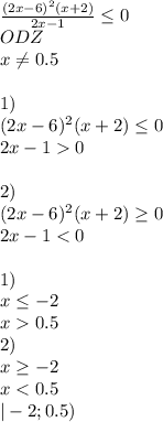 \frac{(2x-6)^2(x+2)}{2x-1} \leq 0\\&#10; ODZ\\&#10; x \neq 0.5\\&#10;\\&#10;1)\\&#10;(2x-6)^2(x+2) \leq 0\\&#10;2x-10\\&#10;\\&#10;2)\\&#10;(2x-6)^2(x+2) \geq 0\\&#10;2x-1<0\\&#10;\\&#10;1)\\&#10;x \leq -2\\&#10;x0.5\\&#10;2)\\&#10;x \geq -2\\&#10;x<0.5\\&#10;|-2;0.5)