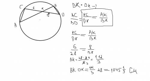 Вокружности проведены две хорды ав и cd, пересекающиеся в точке к, кс = 6 см, ак = 8 см, вк + dk = 2
