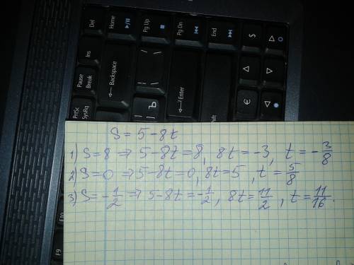 Найдите значение аргумента t функции s=5-8t,при котором значение функции равно: а)8; = б)0; = в)-одн