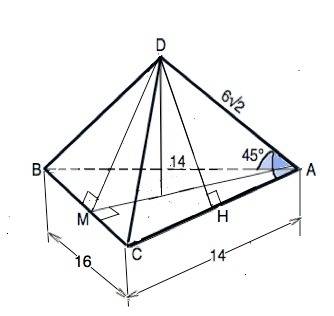 Втетраэдре dabc ребро ad = 6 корней из 2, ab = ac =14 см, угол dab = углу dac = 45 градусов, bc = 16