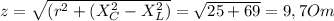 z= \sqrt{(r^2+(X_{C}^2-X_{L}^2)} = \sqrt{25+69} =9,7Om
