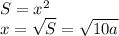 S = x^2 \\ &#10;x = \sqrt{S} = \sqrt{10a}