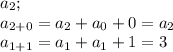 a_{2} ;\\&#10; a_{2+0}=a_{2}+a_{0}+0=a_{2}\\&#10; a_{1+1}=a_{1}+a_{1}+1=3