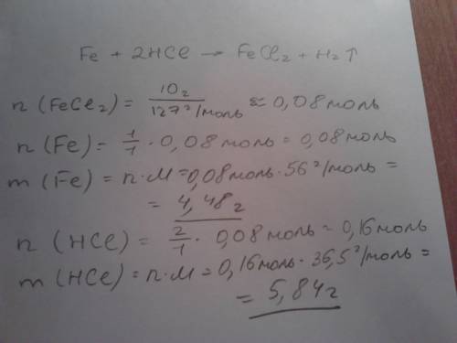 Вычислить массы исходных веществ,которые потребуются для получения 10г хлорида железа (2)